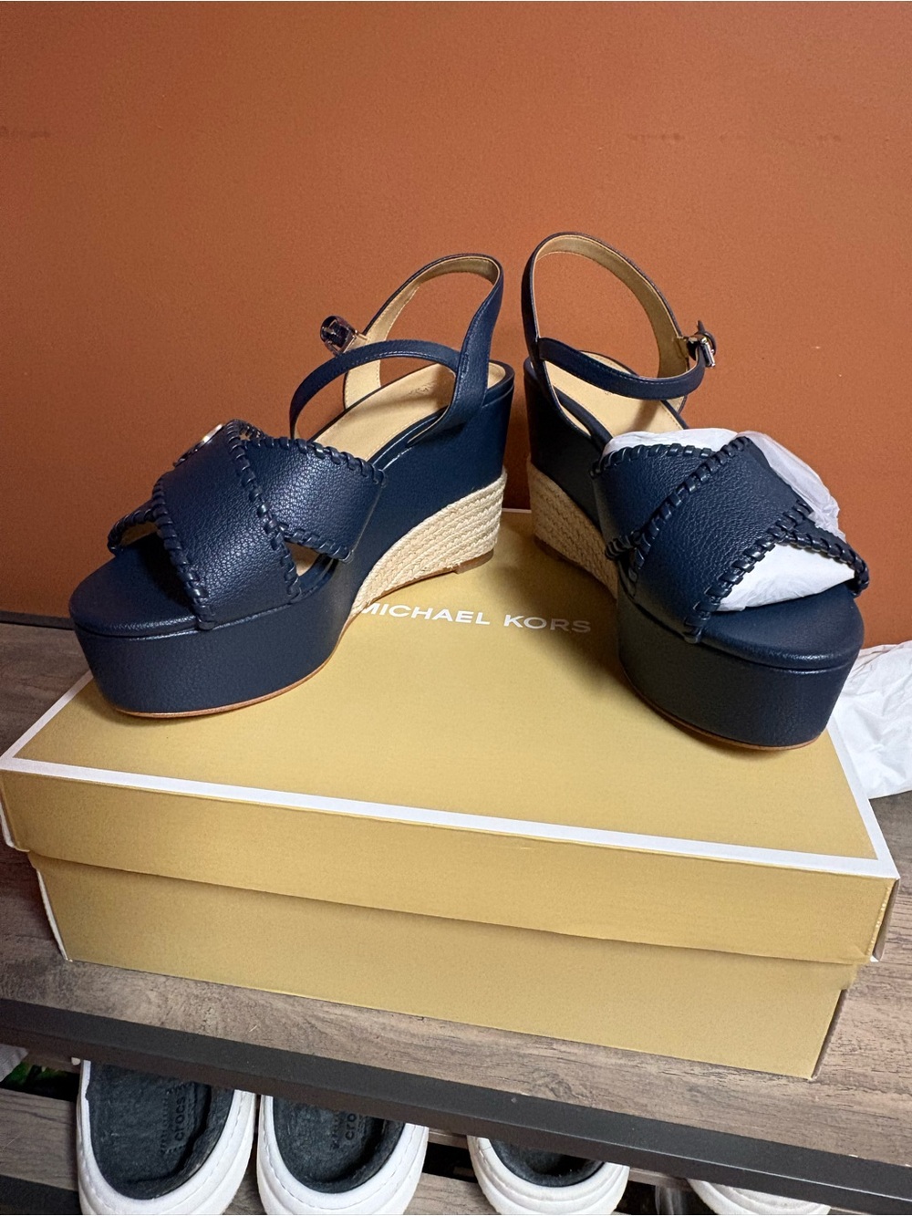 Michael Kors Navy Leather Platform Wedge Sandals with MK Medallion - Picture 4 of 10
